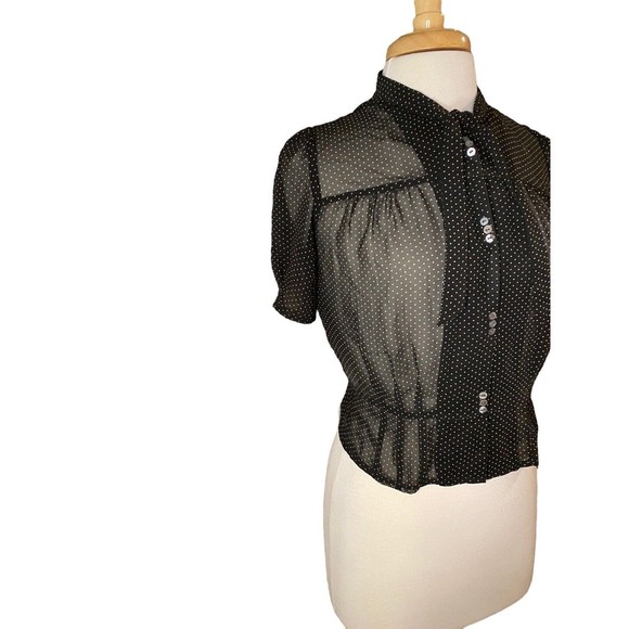 FLETCHER by LYELL Black Sheer Print Tie Neck Short Sleeve Blouse sz Small - Picture 3 of 7